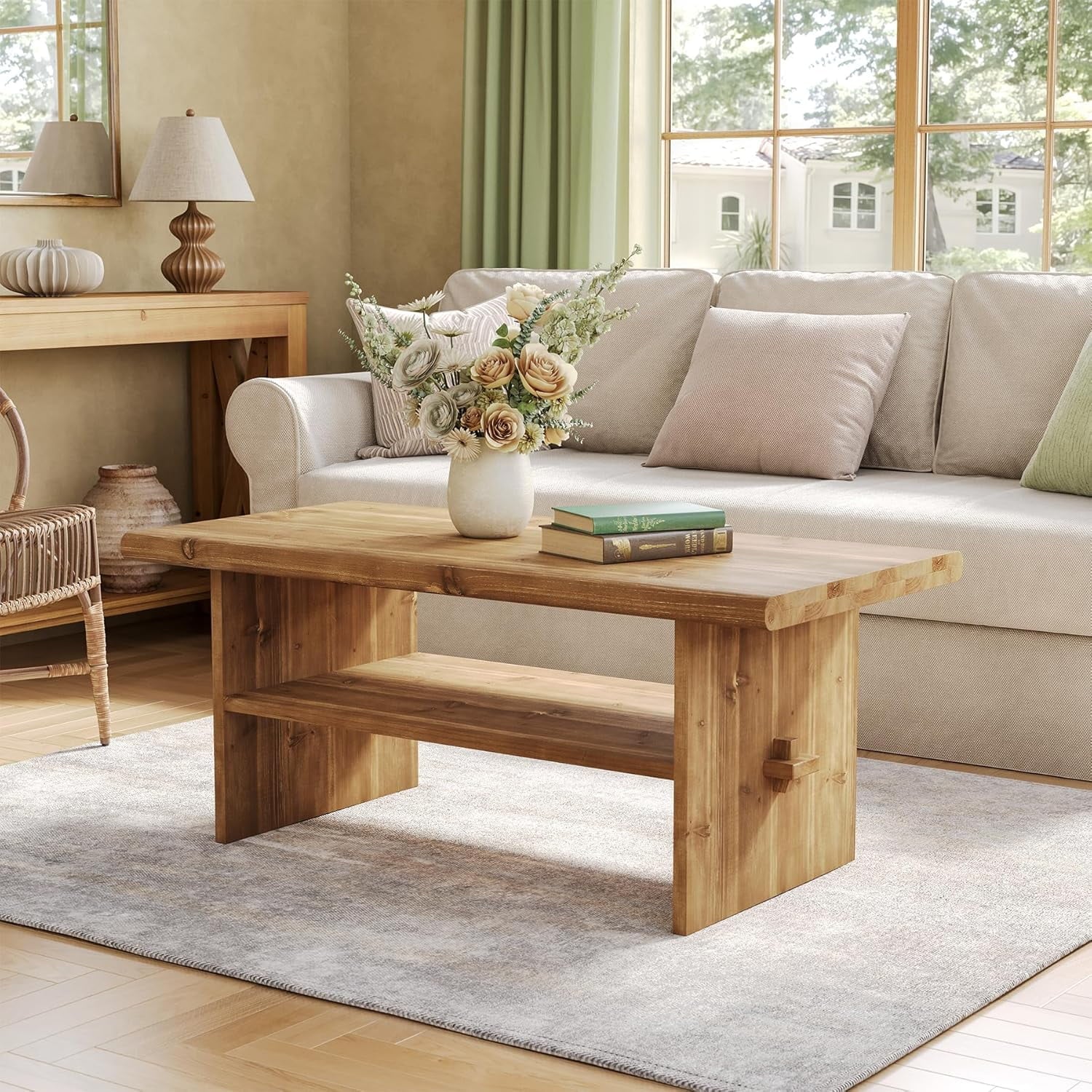 Rustic Solid Wood Coffee Table – Modern Farmhouse Wooden Living Room Centre Table with Lower Shelf