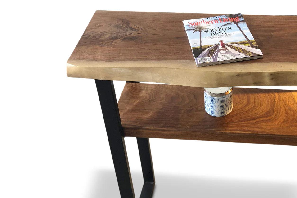 DuoSpan Live Edge Sofa Back Table 36x10 with Shelf – Solid Wood Narrow Console | 2 Tier Shelf Design