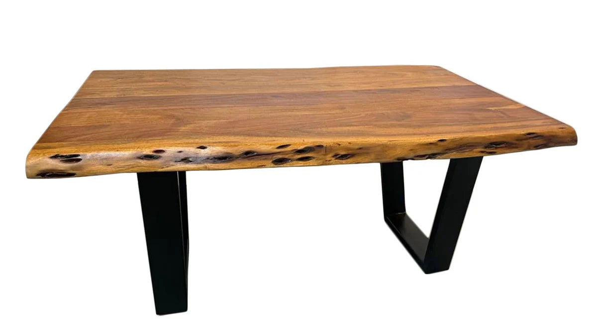 Rustic Solid Wood Live Edge Center Table | Natural Wood & Metal Base