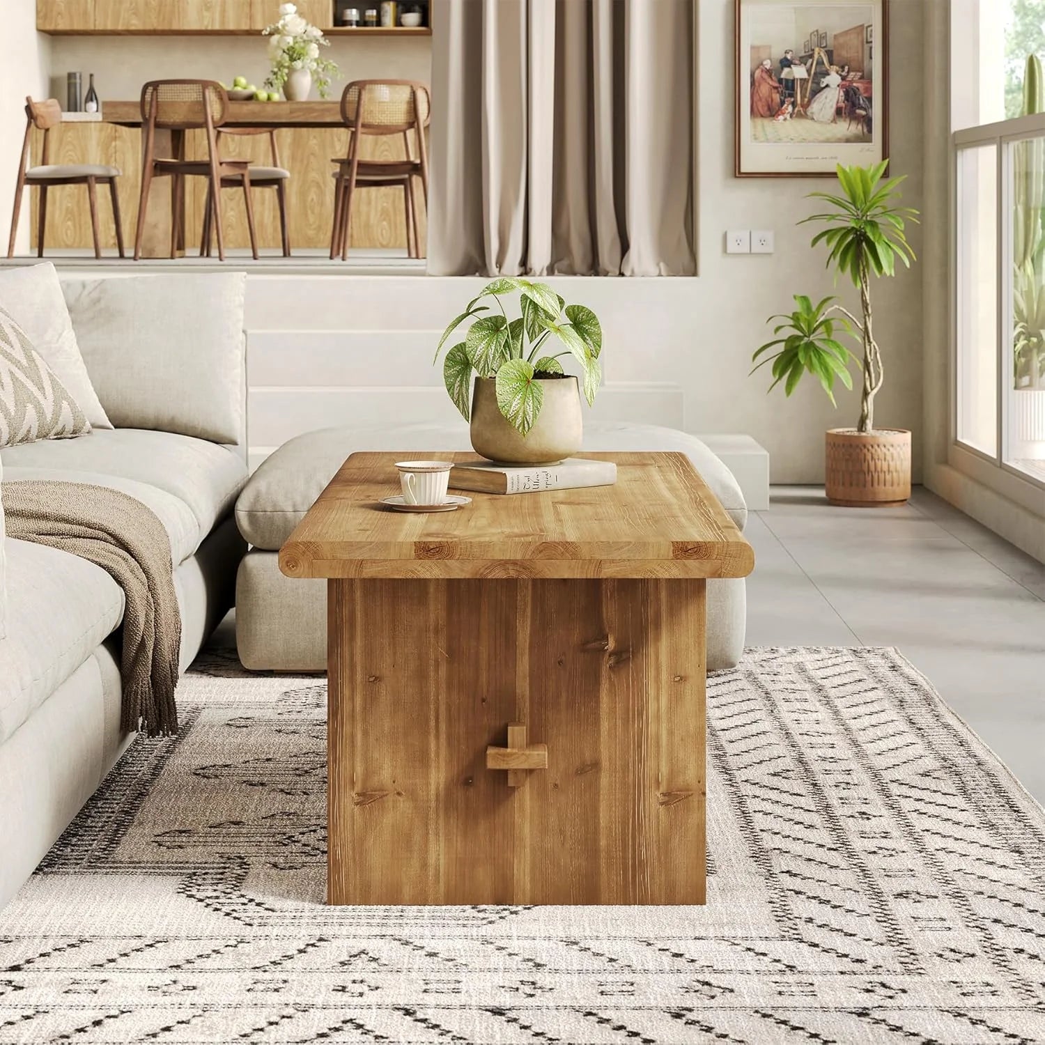 Rustic Solid Wood Coffee Table – Modern Farmhouse Wooden Living Room Centre Table with Lower Shelf