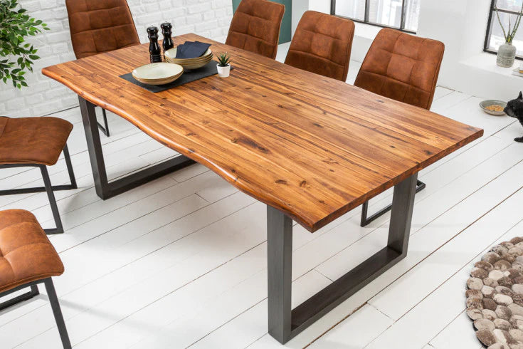 Raw Edge Live Edge Wooden Dining Table with Metal Base | Solid Acacia Wood