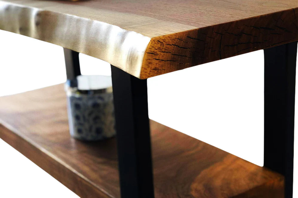DuoSpan Live Edge Sofa Back Table 36x10 with Shelf – Solid Wood Narrow Console | 2 Tier Shelf Design