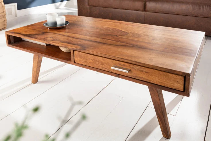 Aura Wooden Coffee Center Table with Drawer & Open Shelf | Wooden Legs