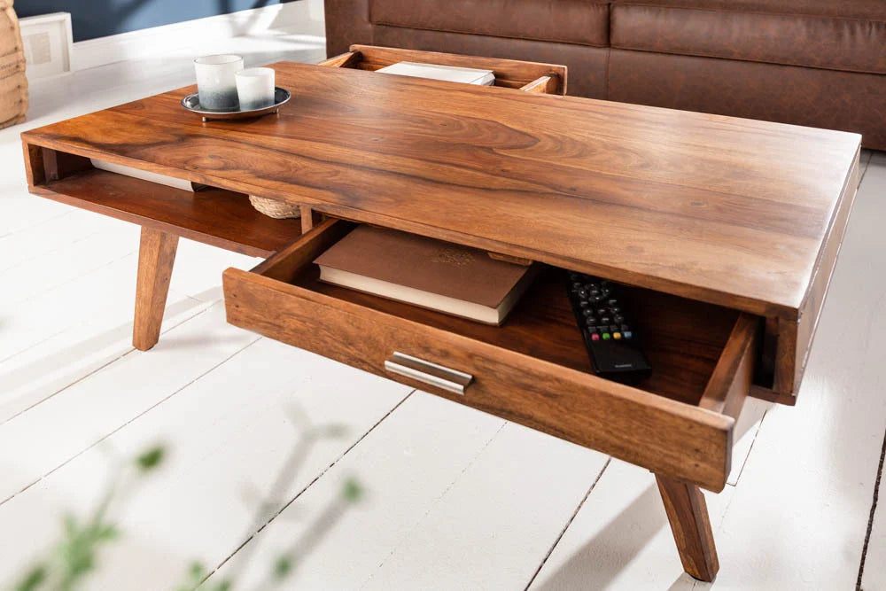 Aura Wooden Coffee Center Table with Drawer & Open Shelf | Wooden Legs