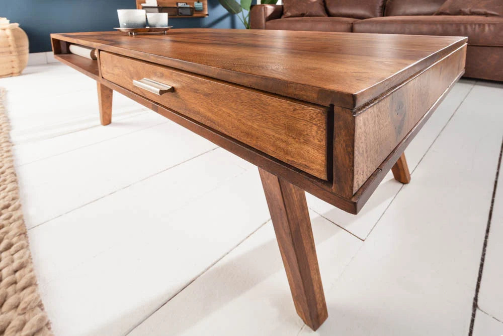 Aura Wooden Coffee Center Table with Drawer & Open Shelf | Wooden Legs