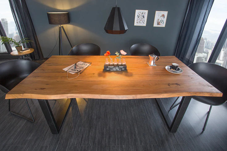 Raw Edge Live Edge Wooden Dining Table with Metal Base | Solid Acacia Wood