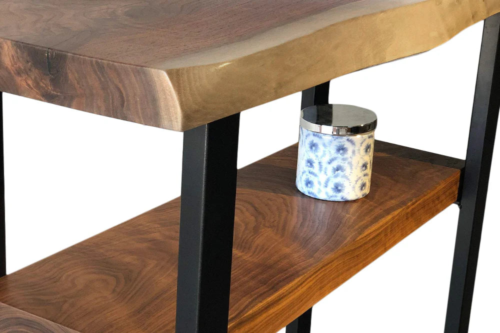 DuoSpan Live Edge Sofa Back Table 36x10 with Shelf – Solid Wood Narrow Console | 2 Tier Shelf Design