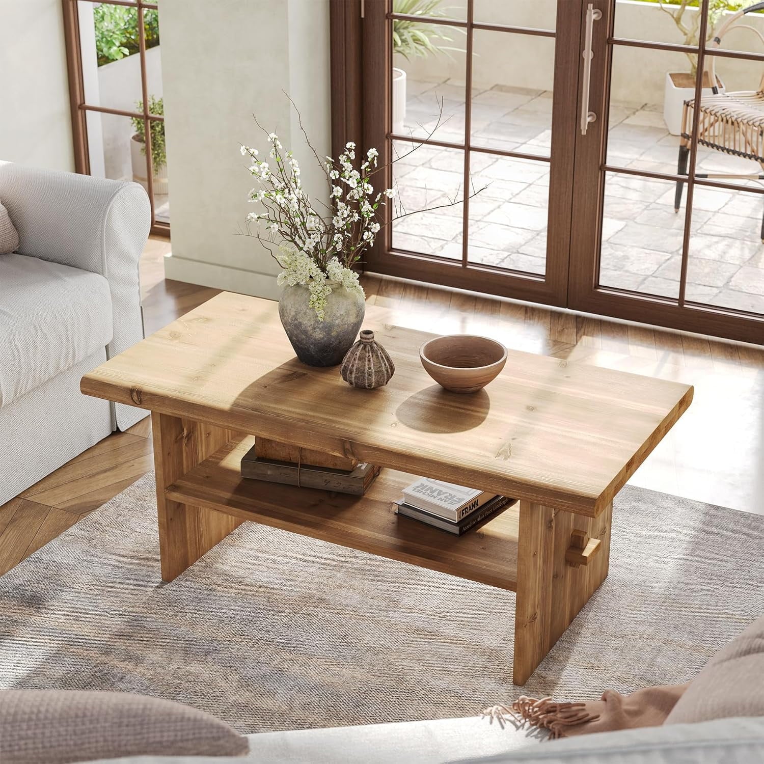 Rustic Solid Wood Coffee Table – Modern Farmhouse Wooden Living Room Centre Table with Lower Shelf