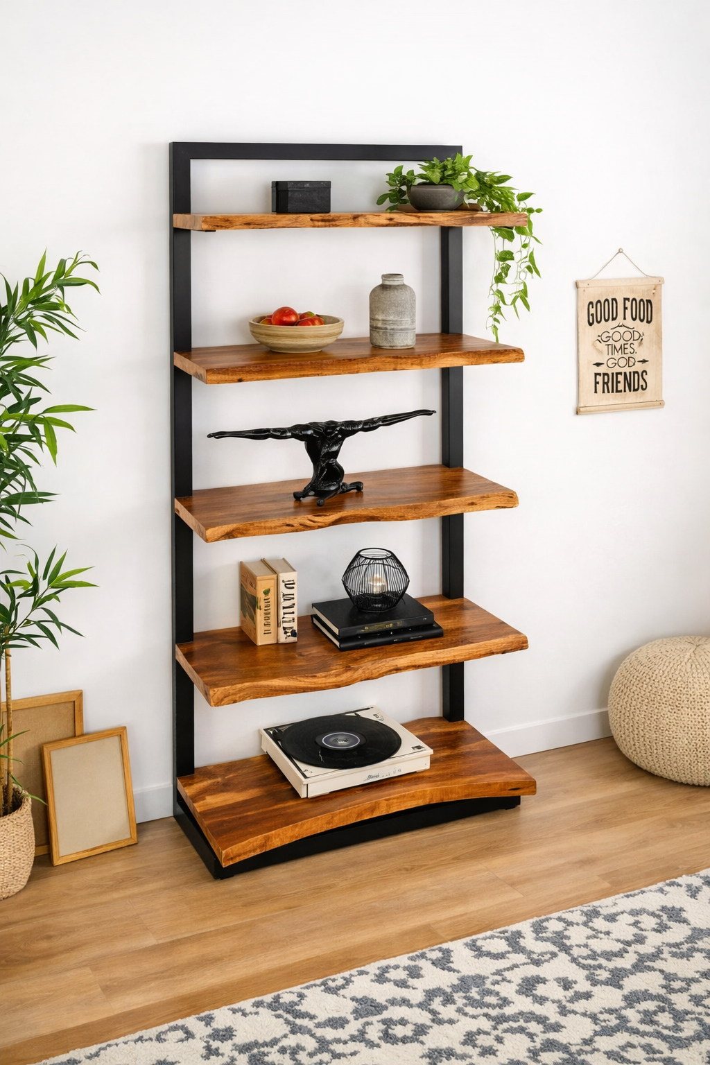 The Sierra Ridge | Artisan Foundry | Solid Wood Live-Edge Acacia & Matte Black Steel 5-Tier Bookshelf – Industrial Open-Back Display Unit | Solid Wood Live Edge BookShelf