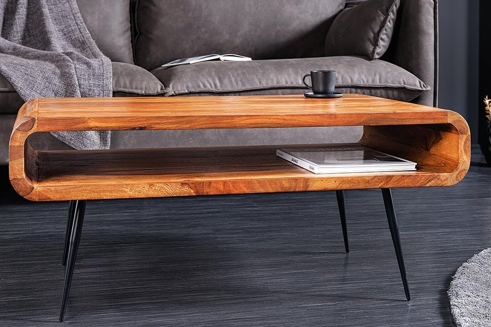 WoodsBuddy ArcCraft Solid Wood Coffee Table with Open Shelf for Living Room