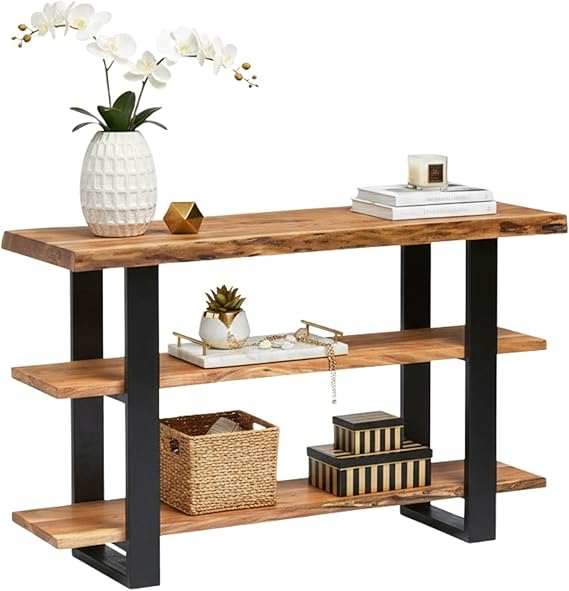 Acacia Solid Wood 3-Tier Console Shelf | Metal Frame Display Unit