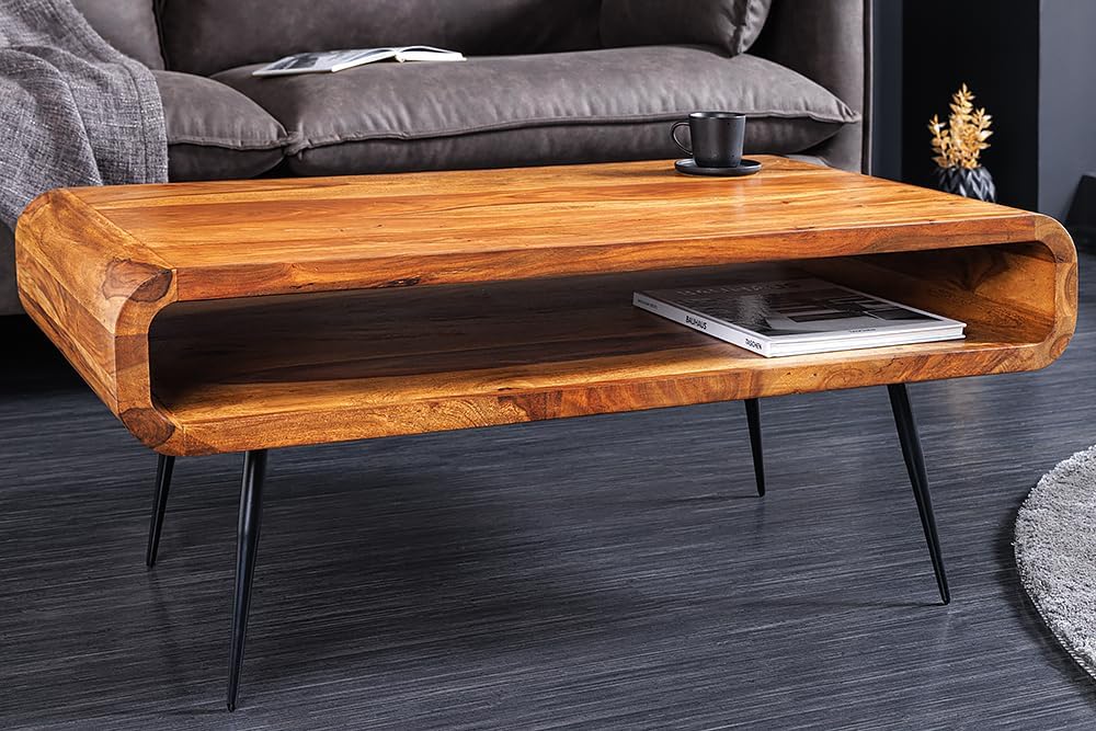 WoodsBuddy ArcCraft Solid Wood Coffee Table with Open Shelf for Living Room
