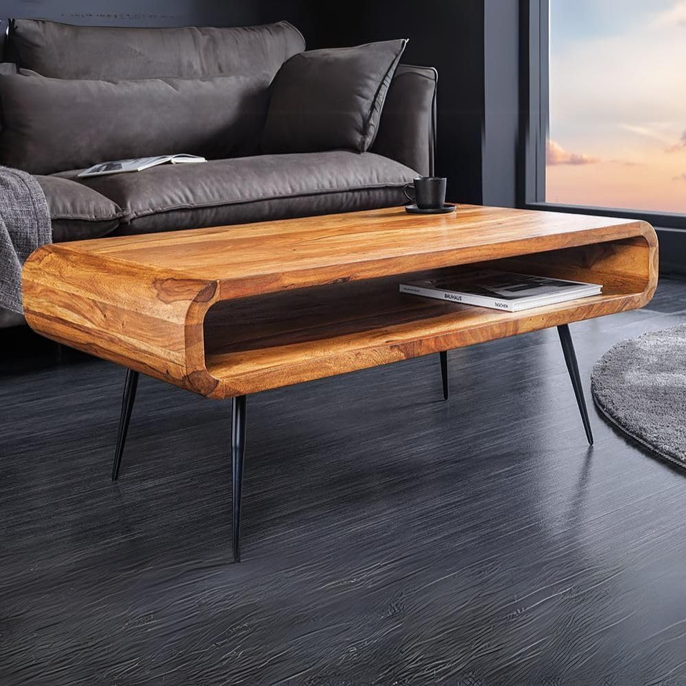 WoodsBuddy ArcCraft Solid Wood Coffee Table with Open Shelf for Living Room