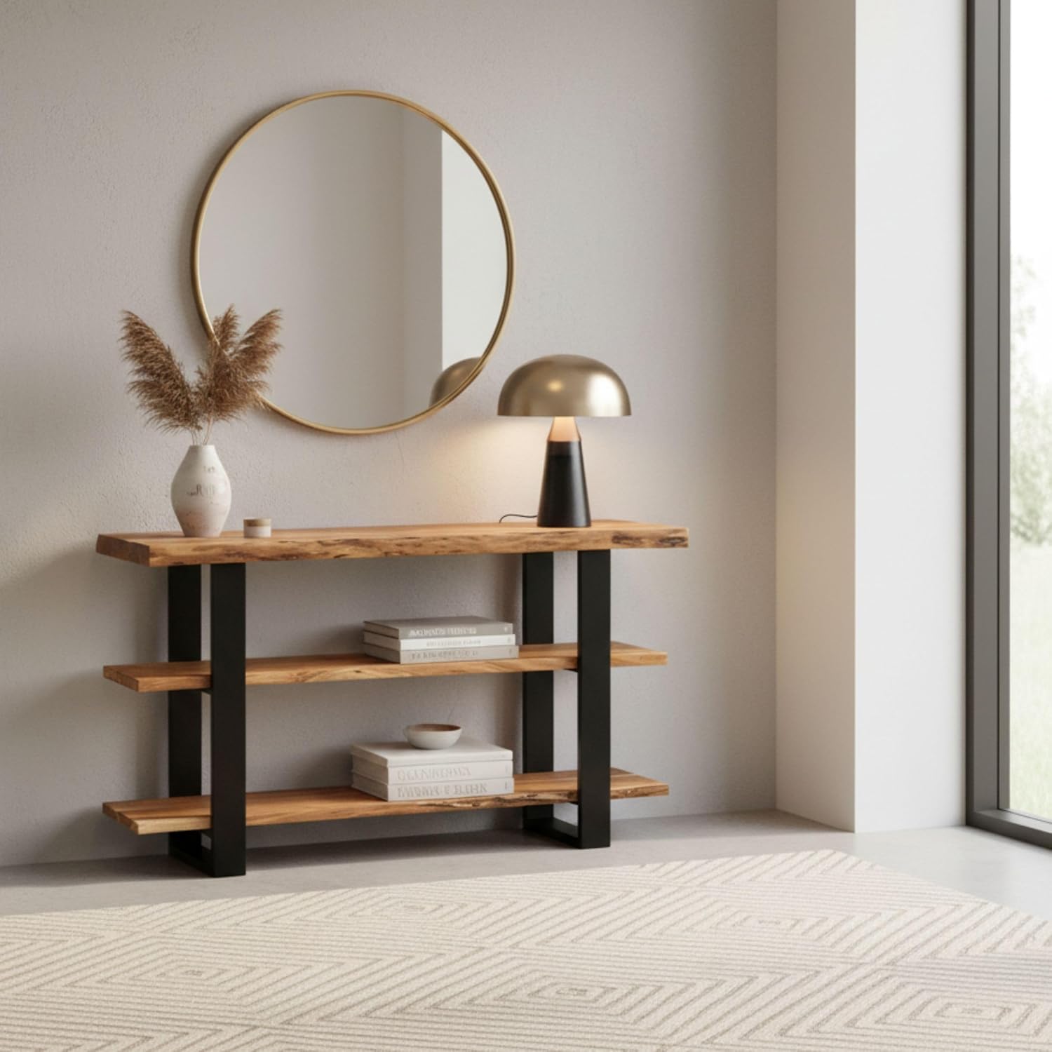 Acacia Solid Wood 3-Tier Console Shelf | Metal Frame Display Unit