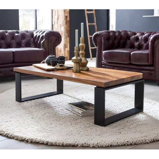 Wood's Buddy Solid Acacia Wood Centre Table – Natural Grain Coffee Table with Steel Frame Storage