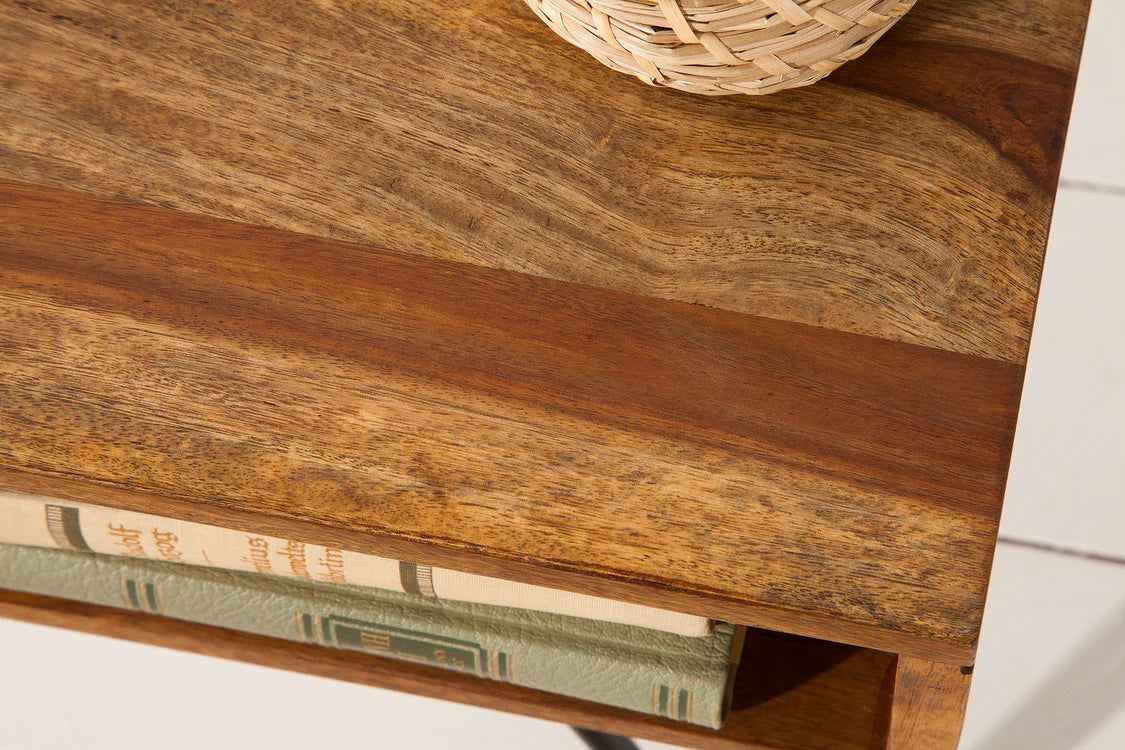 WoodsBuddy Solid Wood Coffee Table with Open Storage & Pin Metal Legs | Centre Table