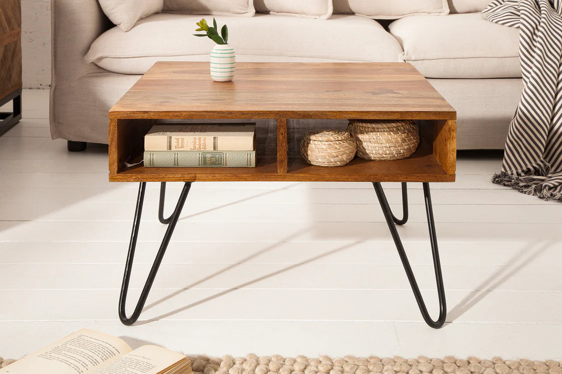 WoodsBuddy Solid Wood Coffee Table with Open Storage & Pin Metal Legs | Centre Table