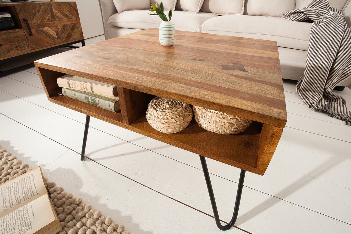 WoodsBuddy Solid Wood Coffee Table with Open Storage & Pin Metal Legs | Centre Table