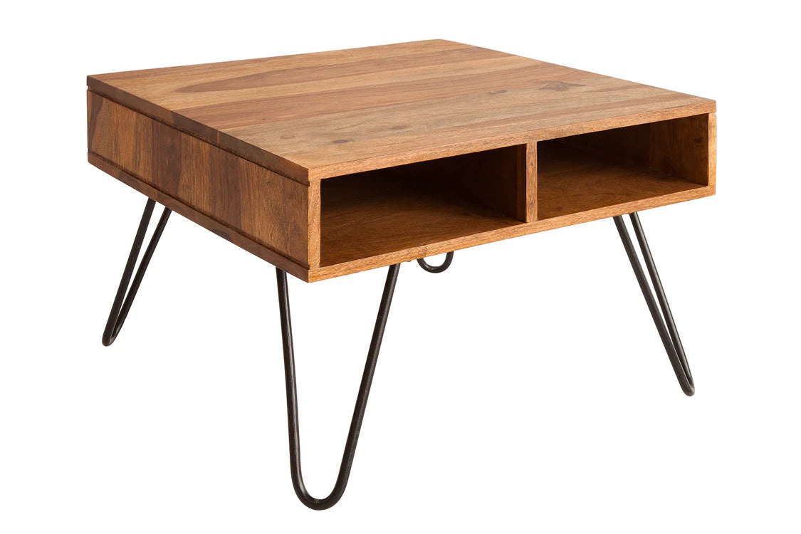 WoodsBuddy Solid Wood Coffee Table with Open Storage & Pin Metal Legs | Centre Table