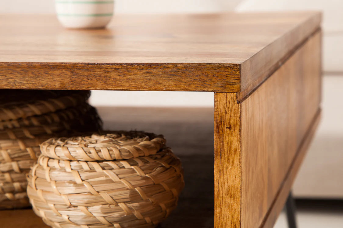 WoodsBuddy Solid Wood Coffee Table with Open Storage & Pin Metal Legs | Centre Table