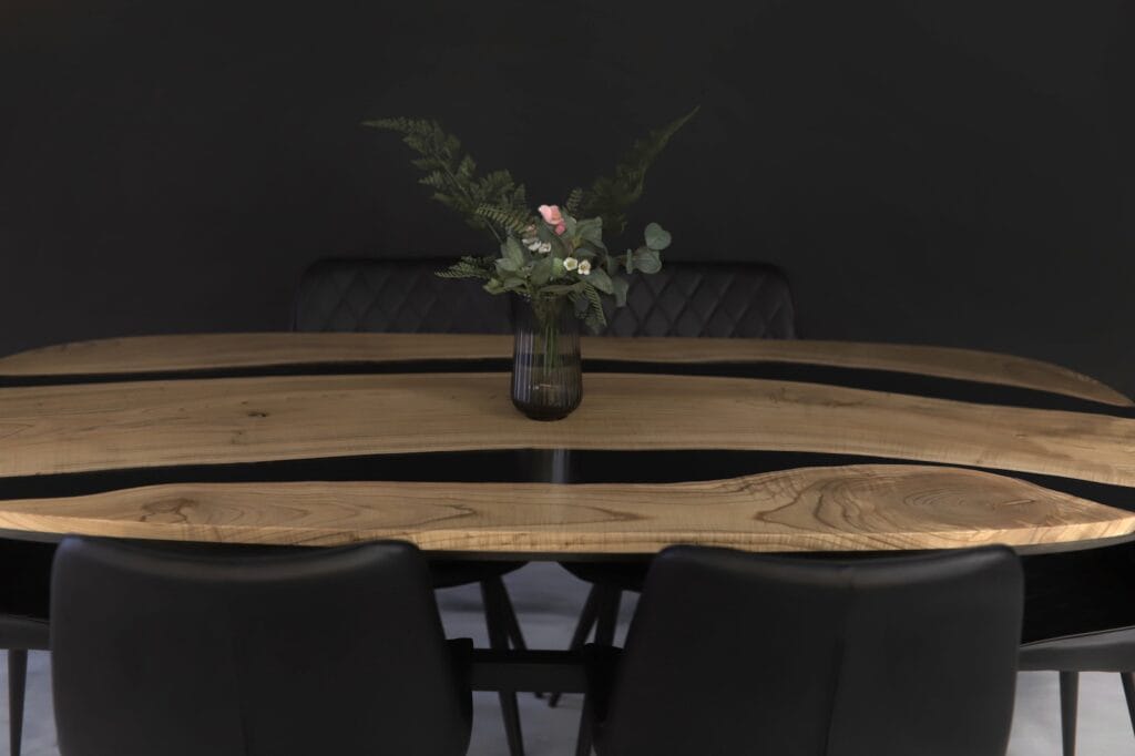 Wood’s Buddy Twin Black Epoxy River Solid Wood Oval Dining Table – 6 Seater Modern Live Edge Design