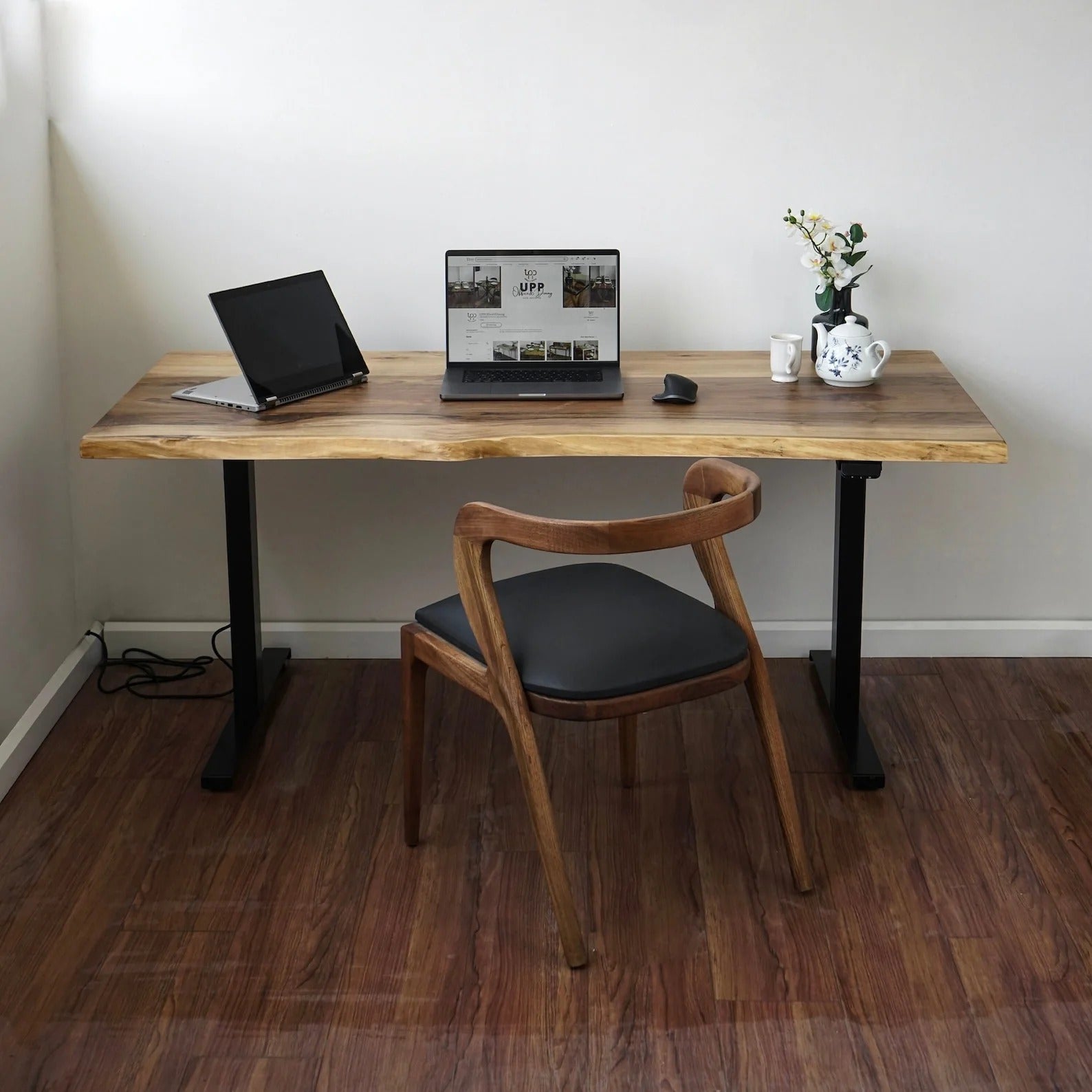 Solid wood live edge height adjustable electric table