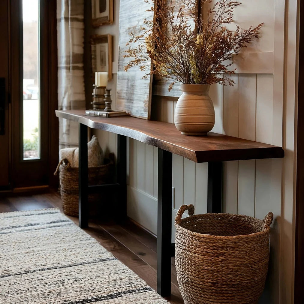 Acacia Wood Live Edge Console Table – Handcrafted Solid Wood Table with Metal Base