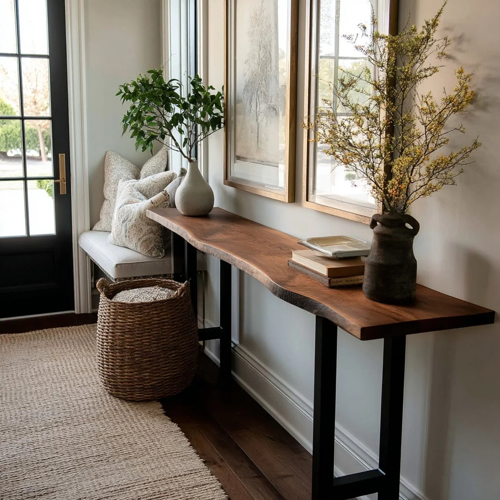 Acacia Wood Live Edge Console Table – Handcrafted Solid Wood Table with Metal Base