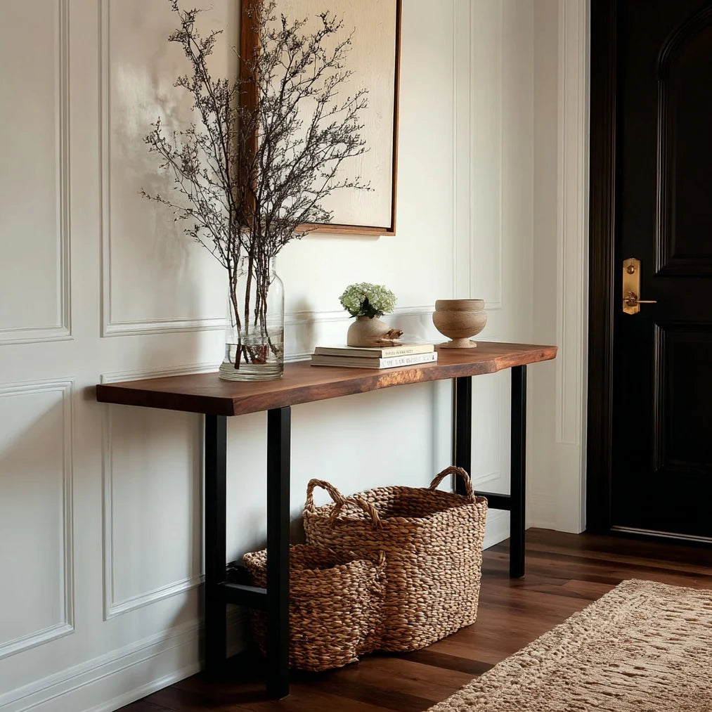 Acacia Wood Live Edge Console Table – Handcrafted Solid Wood Table with Metal Base