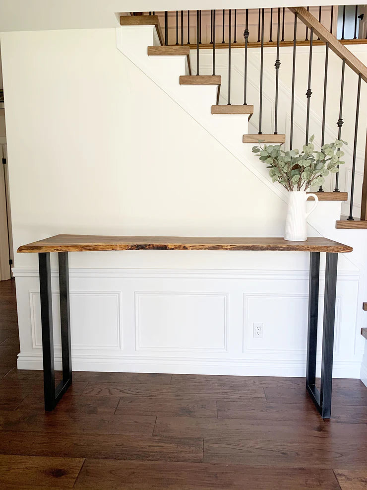 Custom Made Sofa Bar Table Narrow 4ft Behind Couch | Black Walnut Live Edge Solid Wood | LongSpan by WoodsBuddy