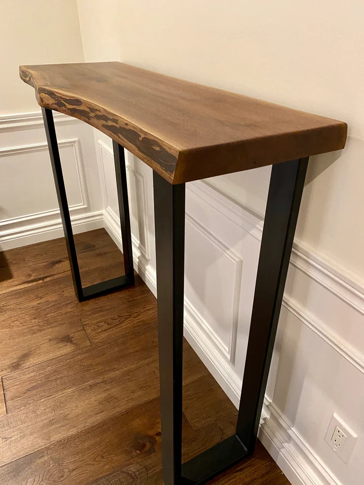 Custom Made Sofa Bar Table Narrow 4ft Behind Couch | Black Walnut Live Edge Solid Wood | LongSpan by WoodsBuddy