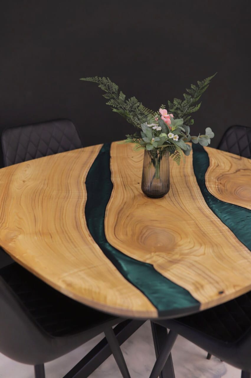 Wood’s Buddy Turquoise Epoxy River Solid Wood Square Dining Table – 4 Seater Handcrafted Live Edge Design