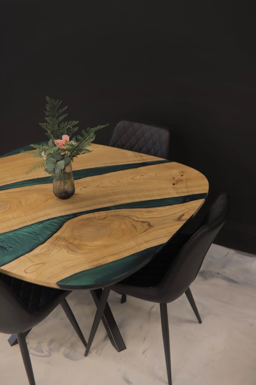 Wood’s Buddy Turquoise Epoxy River Solid Wood Square Dining Table – 4 Seater Handcrafted Live Edge Design