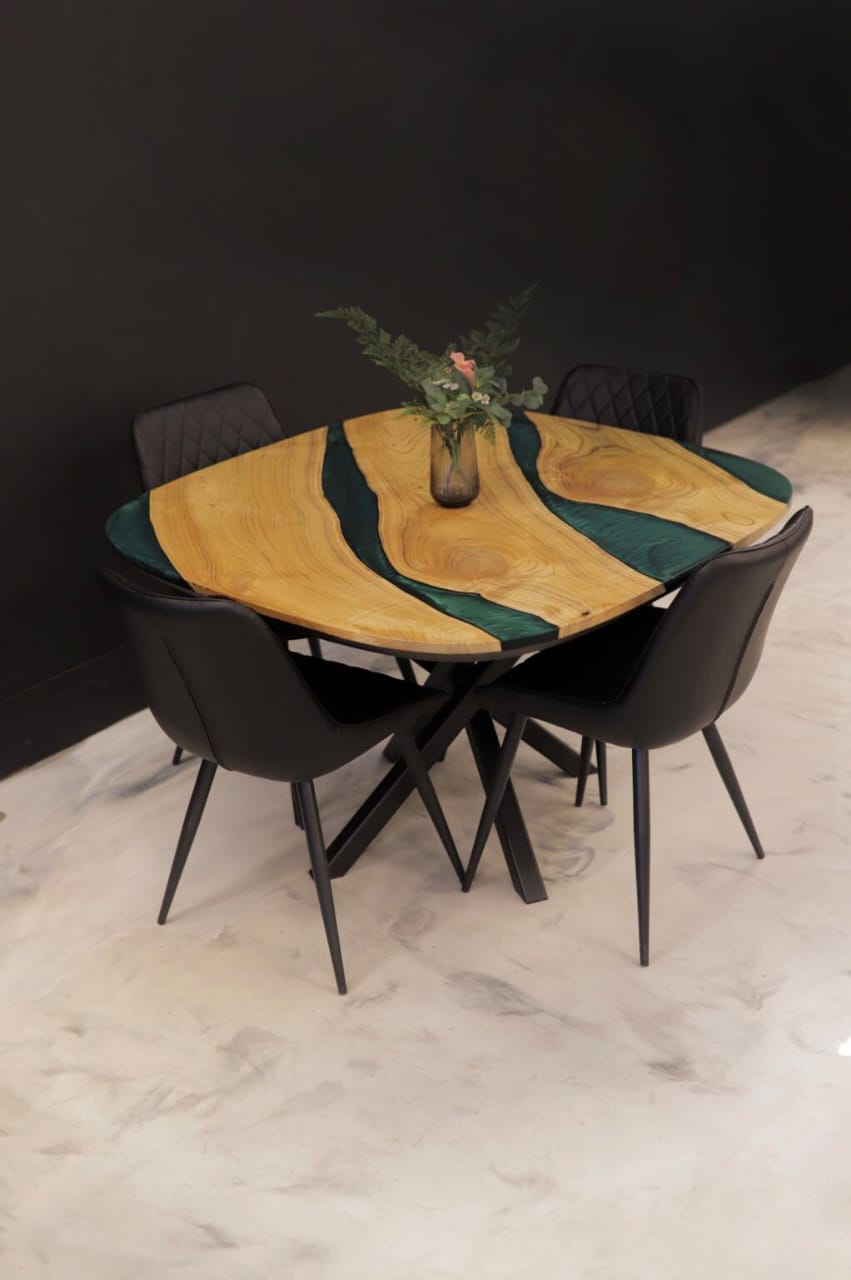 Wood’s Buddy Turquoise Epoxy River Solid Wood Square Dining Table – 4 Seater Handcrafted Live Edge Design