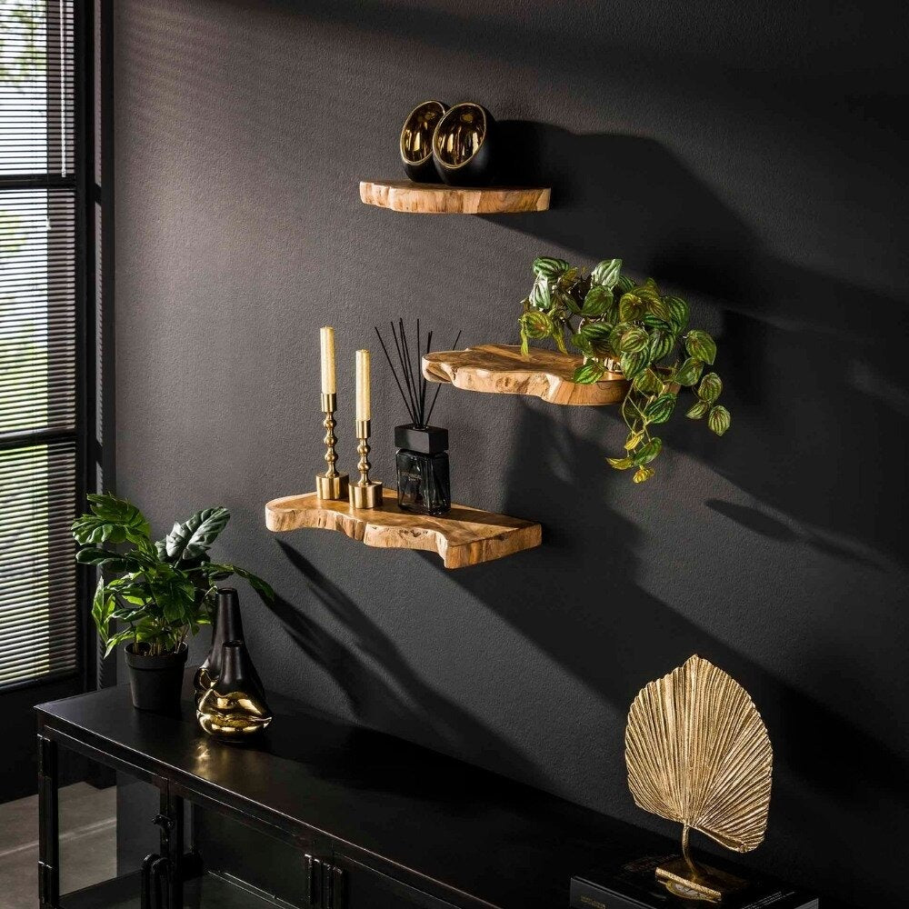 The Solstice Trio Solid Wood Live-Edge Floating Wall Shelves (Set of 3) – Organic Modern Decorative Display | Mounting Hardware Included