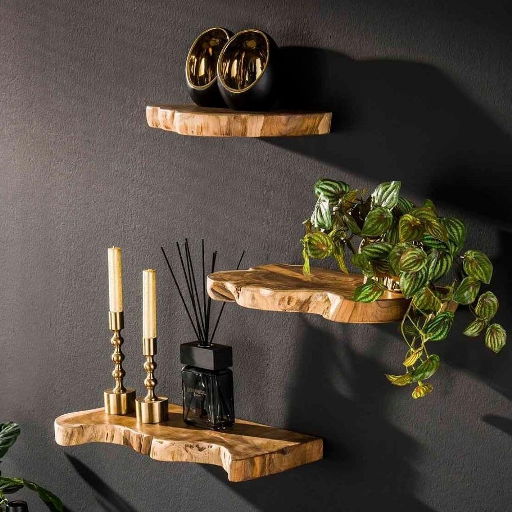 The Solstice Trio Solid Wood Live-Edge Floating Wall Shelves (Set of 3) – Organic Modern Decorative Display | Mounting Hardware Included
