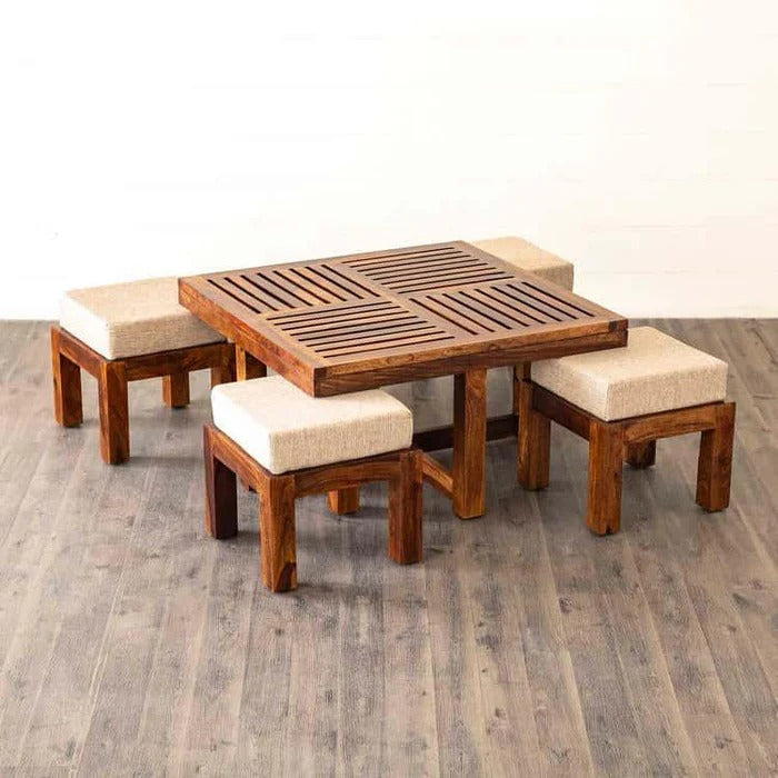 Wood's Buddy Solid Wood Floor Seating Coffee Table Set with Cushioned Stools | Center Table Set of 4