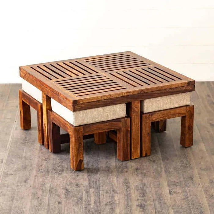 Wood's Buddy Solid Wood Floor Seating Coffee Table Set with Cushioned Stools | Center Table Set of 4