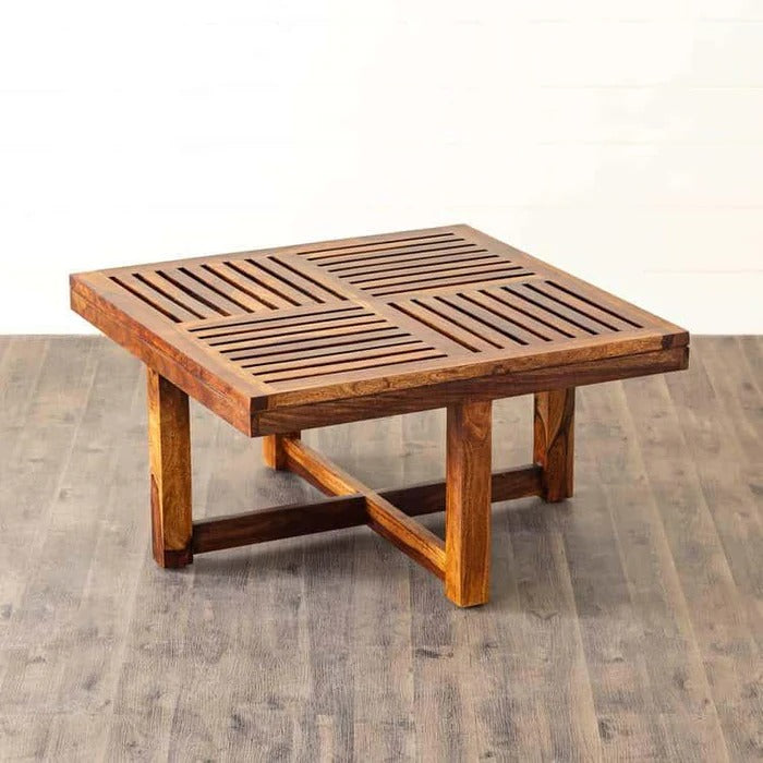 Wood's Buddy Solid Wood Floor Seating Coffee Table Set with Cushioned Stools | Center Table Set of 4