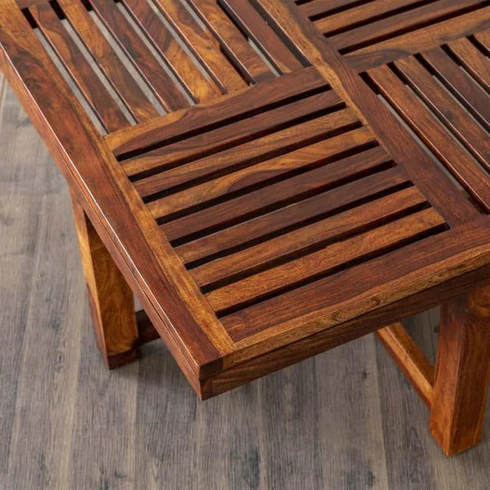 Wood's Buddy Solid Wood Floor Seating Coffee Table Set with Cushioned Stools | Center Table Set of 4