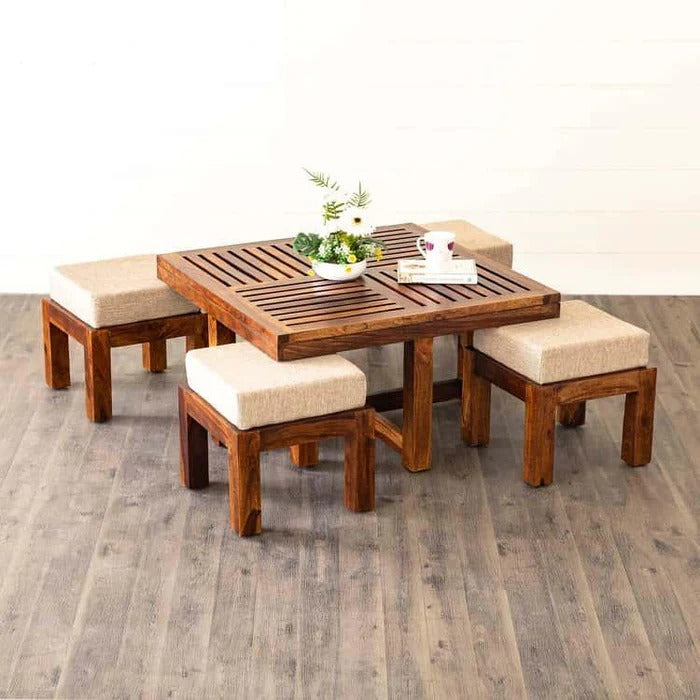 Wood's Buddy Solid Wood Floor Seating Coffee Table Set with Cushioned Stools | Center Table Set of 4