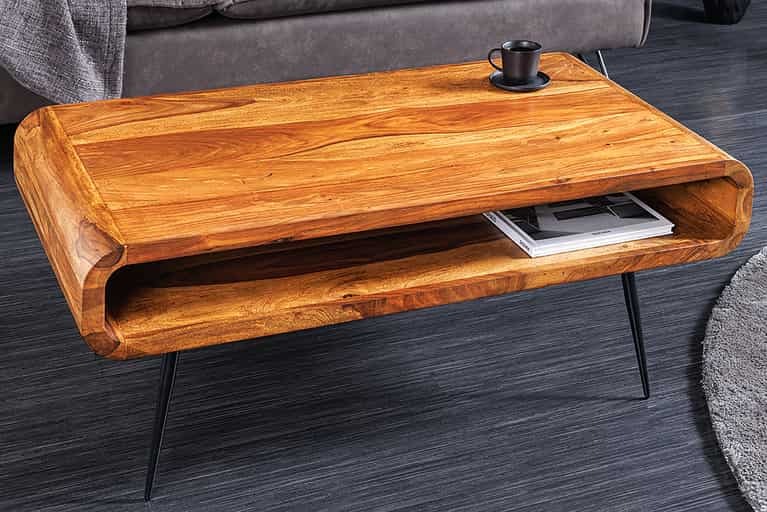 WoodsBuddy ArcCraft Solid Wood Coffee Table with Open Shelf for Living Room