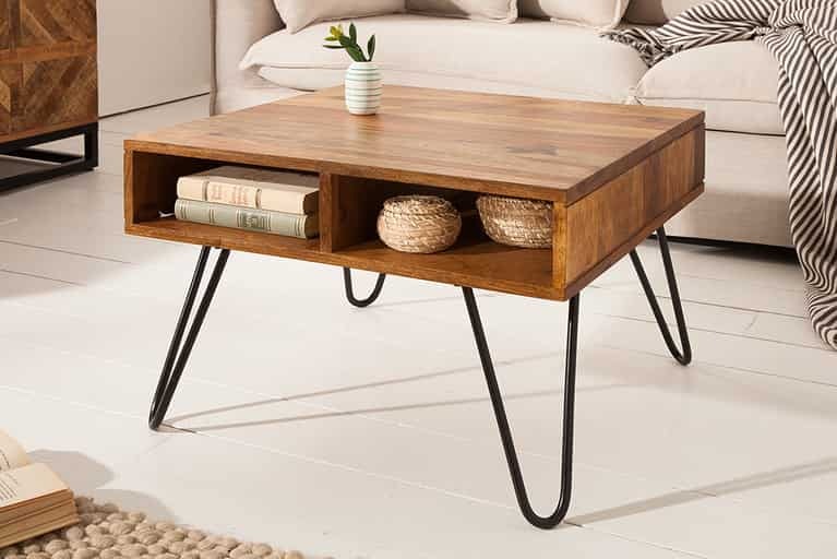 WoodsBuddy Solid Wood Coffee Table with Open Storage & Pin Metal Legs | Centre Table