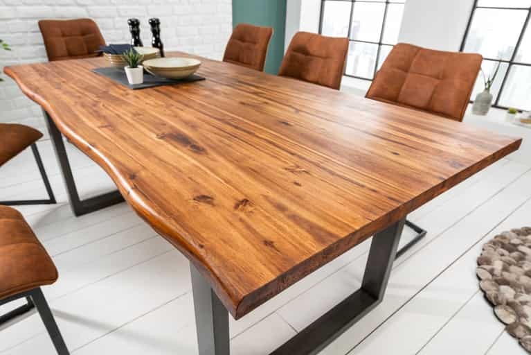 Raw Edge Live Edge Wooden Dining Table with Metal Base | Solid Acacia Wood