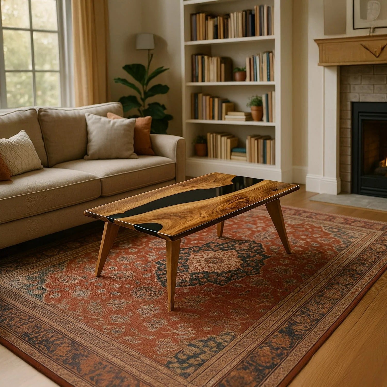 Midnight Acacia Wood Coal Black Epoxy Resin River Center Table | Wooden Legs