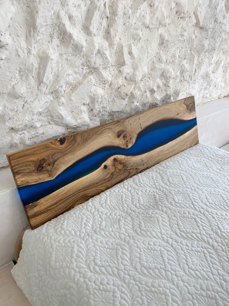 Epoxy River Solid Wood Bed Headboard | Blue Resin Design