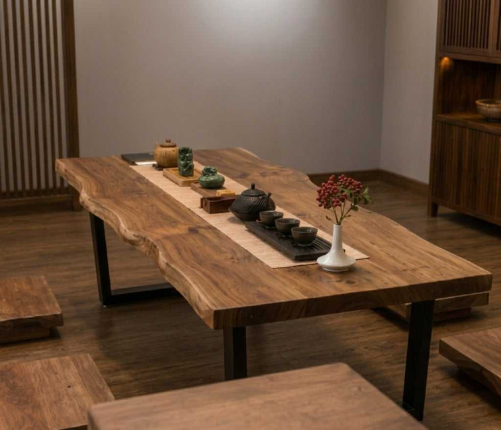 Wood's Buddy Japanese Live-Edge Floor Dining Table | Solid Acacia Wood ,4 Seater