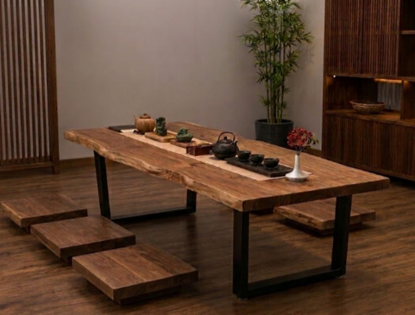 Wood's Buddy Japanese Live-Edge Floor Dining Table | Solid Acacia Wood ,4 Seater