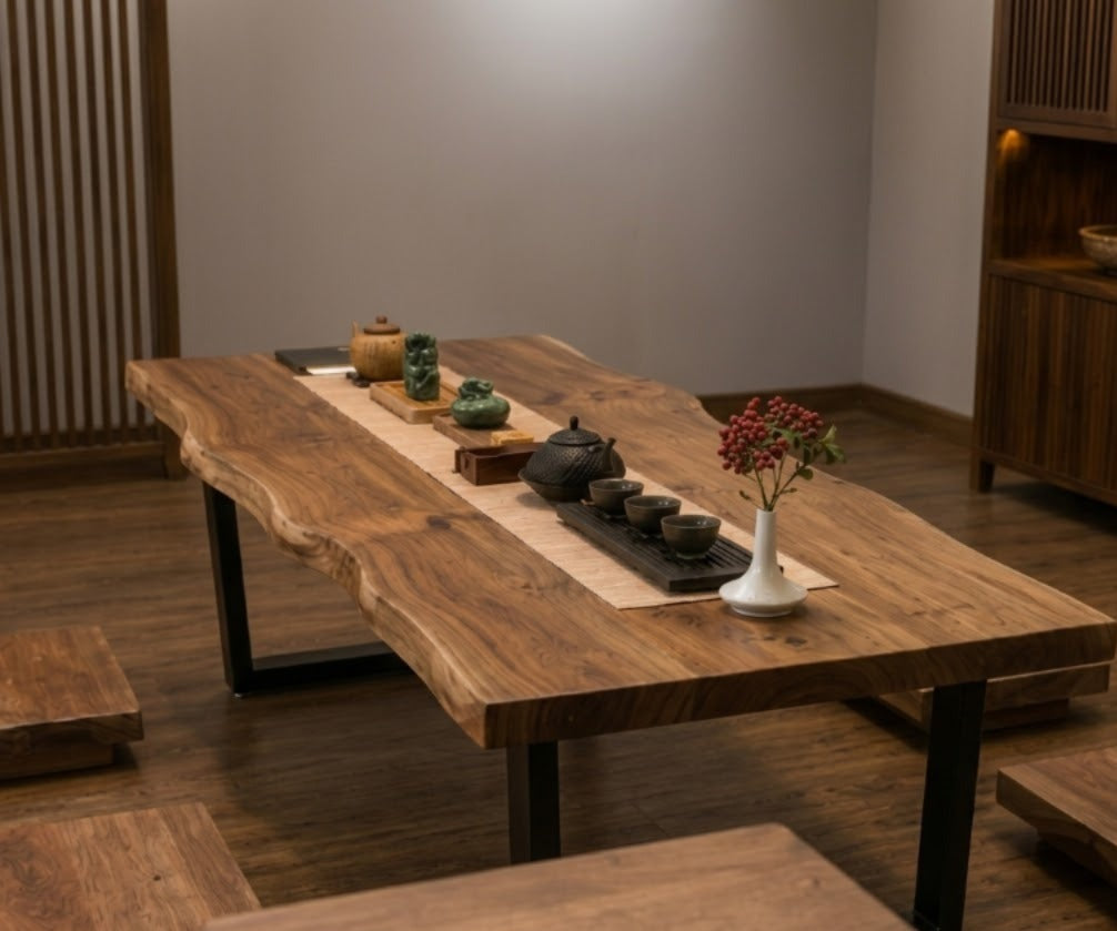 Wood's Buddy Japanese Live-Edge Floor Dining Table | Solid Acacia Wood ,4 Seater
