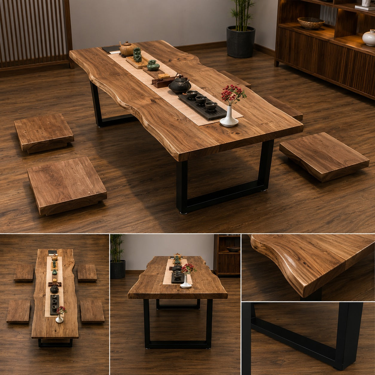 Wood's Buddy Japanese Live-Edge Floor Dining Table | Solid Acacia Wood ,4 Seater